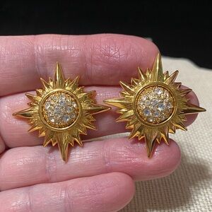 Gold vintage crystal Starburst clip on Earrings
